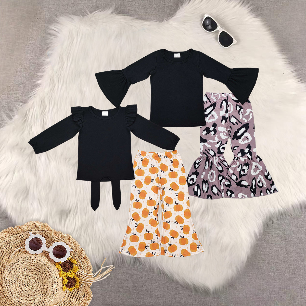 Sibling Baby Girls Black Long Sleeves Shirts Top Bell Bottom Pant Fall Clothes sets
