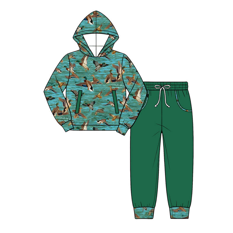 Preorder (moq 5) Baby Boy Clothes Realistic Flying Mallard Duck Water Scene Print Long Sleeve Hooded Top Jogger Pant Set