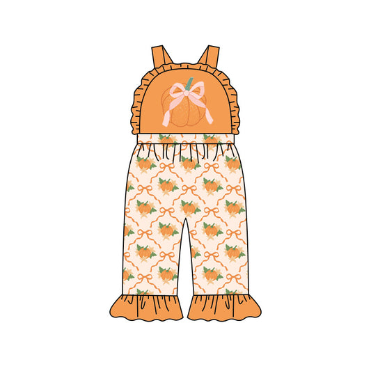 Preorder (moq 5)Baby Girls Strap Bows Pumpkins Fall Ruffle Pant Jumpsuits