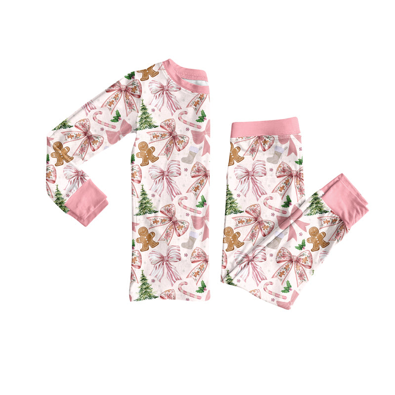 Preorder (moq 5)Baby Girls Long Sleeves Pink Bows Gingerbread Top Pant Pajamas Clothes Set