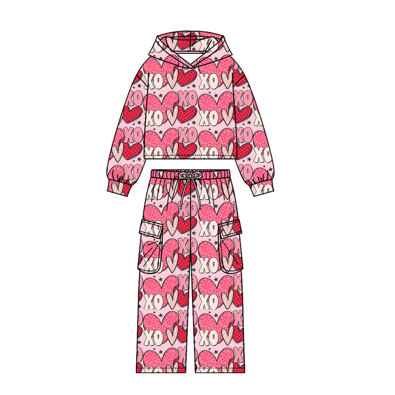 Preorder (moq5) Girls Valentine Heart Kiss Print Hoodie Pockets Joggers Team Clothes Set