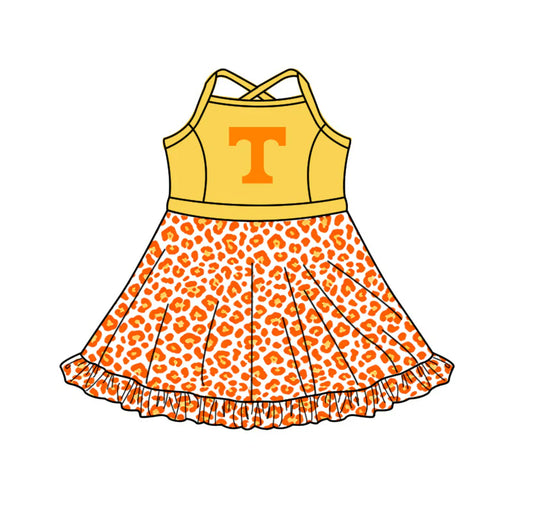 Preorder (custom moq 5)Baby Girls Strap Leopard T Team Short Ruffle Team Knee Length Dress