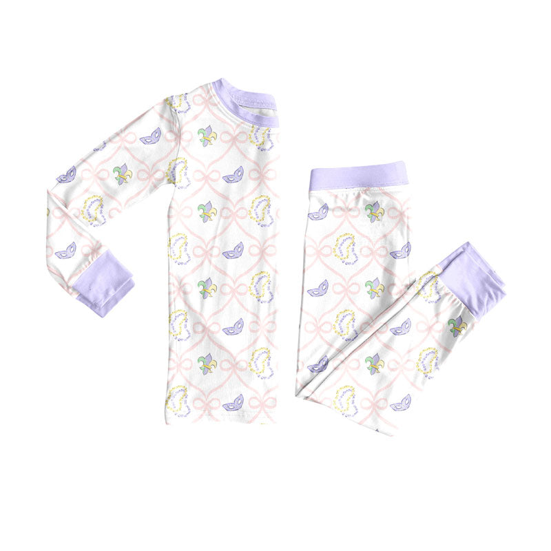 Preorder(moq 5) Baby Girls Bows Masks Checked Top Pants Mardigras Pajamas Sets