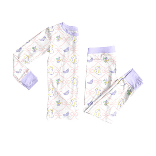 Preorder(moq 5) Baby Girls Bows Masks Checked Top Pants Mardigras Pajamas Sets