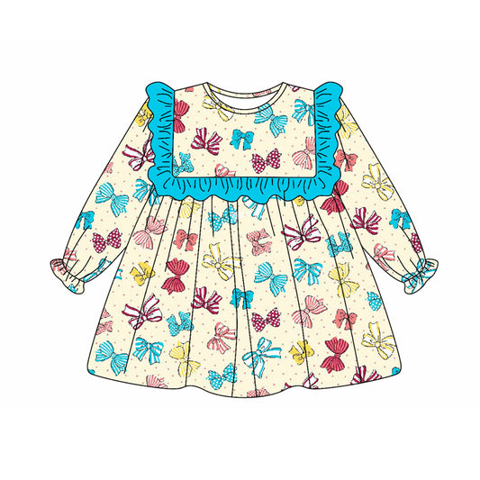 Preorder (moq 5)Baby Girls Long Ruffle Sleeves Colorful Bows Knee Length Dresses