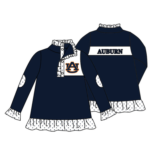 Preorder (moq 5)Baby Girls Navy Long Sleeve AU Button Ruffle Team Pullovers Top