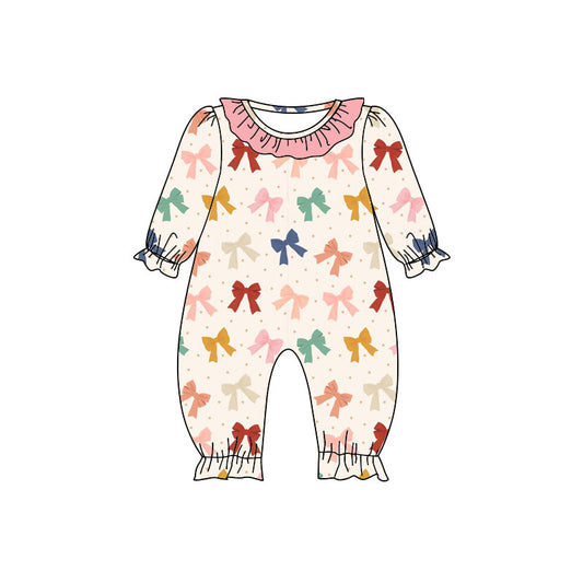 Preorder (moq 5)Baby Girls Colorful Bows Polka Dots Valentine Ruffle Footie Rompers