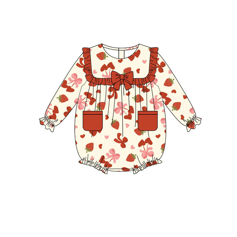 Preorder(moq 8)Baby Girls Hearts Strawberry Valentine Pockets Ruffle Rompers