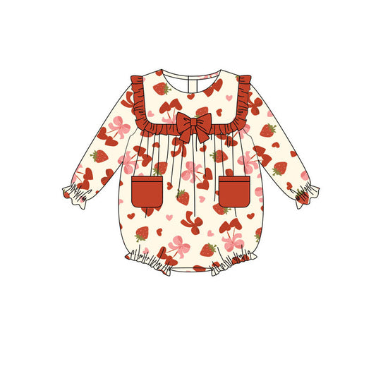 Preorder(moq 8)Baby Girls Hearts Strawberry Valentine Pockets Ruffle Rompers