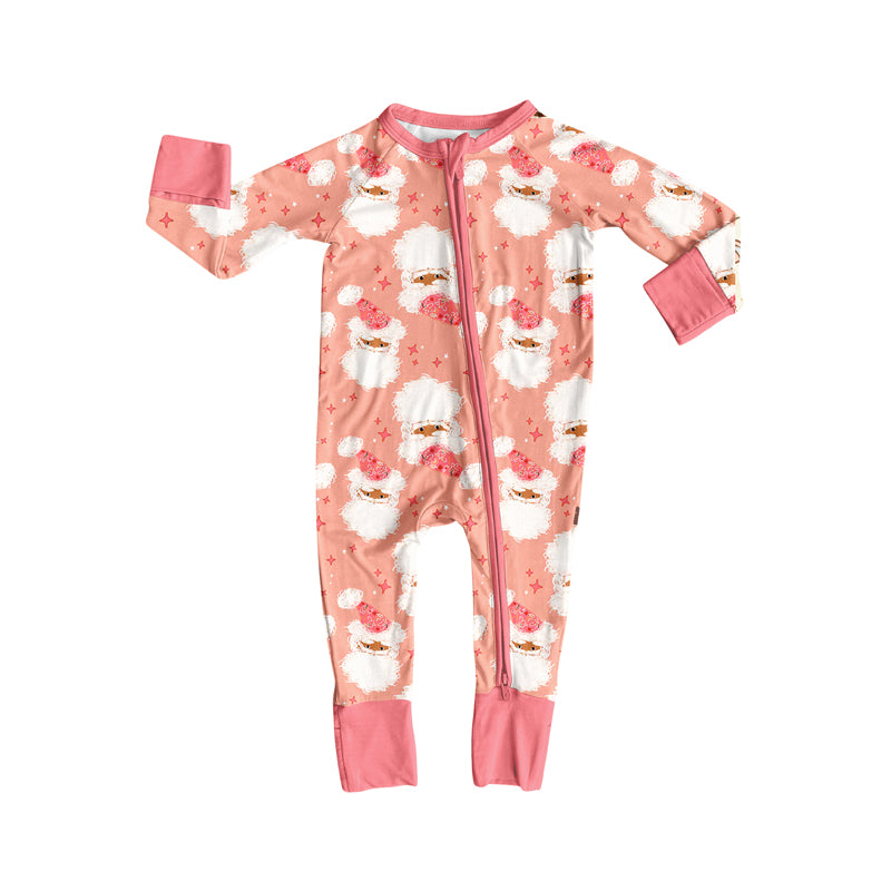 Preorder (moq 5)Baby Girls Peach Long Sleeves Santa Stars Plaid Zipper Romper