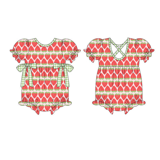 Preorder (moq 5)Baby Girls Short Ruffle Sleeve Strawberry Stripe Bows Rompers
