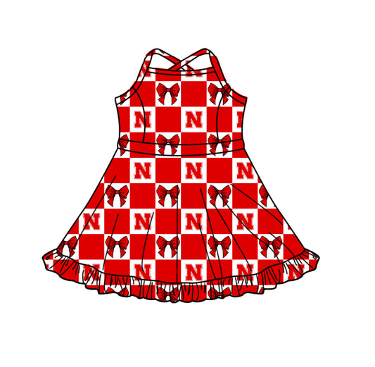 Preorder (moq 5) Baby Girls Strap Bows Nebraska Checked Team Short Knee Length Dress