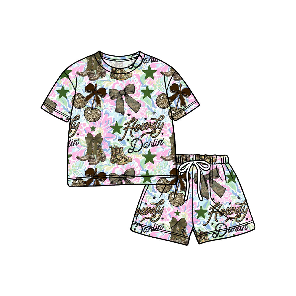 Preorder moq 5 Baby Girls Camo Boots Howdy Top Shorts Western Pajamas Clothes Set