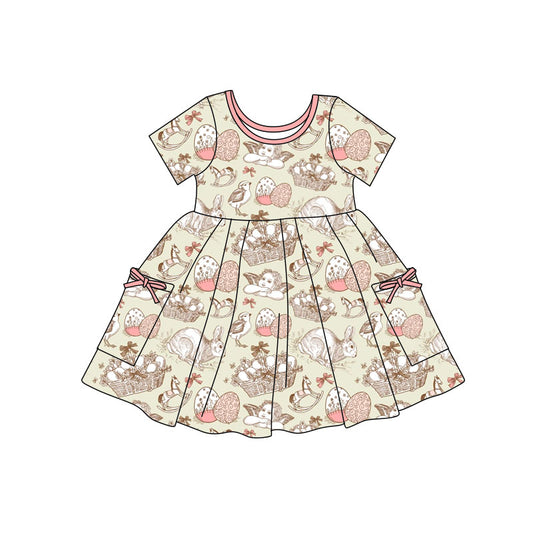 Preorder(moq 5) Baby Girls Angles Rabbits Easter Pockets Knee Length Dresses