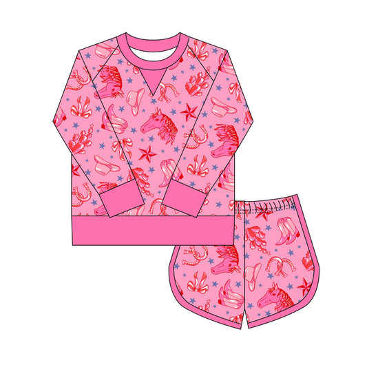 Preorder(moq 8)Baby Girls Pink Horses Boots Hats Top Shorts Western Clothes Set