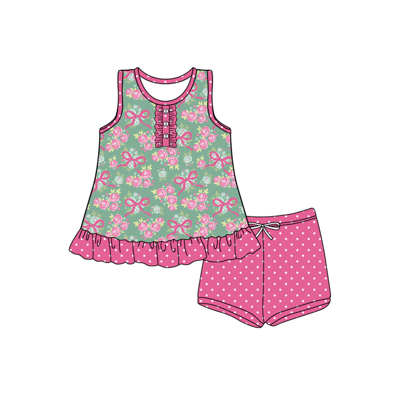 Preorder (moq 5)Baby Girls Pink Sleeveless Bows Flowers Button Tunic Polka Dots Shorts Sets
