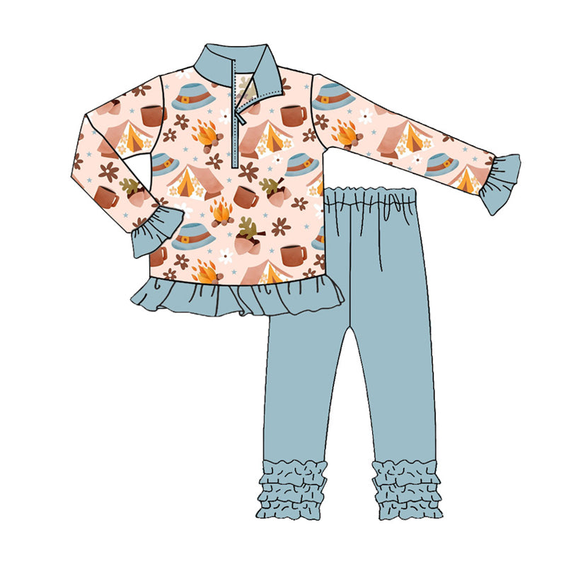 Preorder (moq 5)Baby Girls Hats Fire Adventure Zipper Pullover Ruffle Leggings Clothes Sets