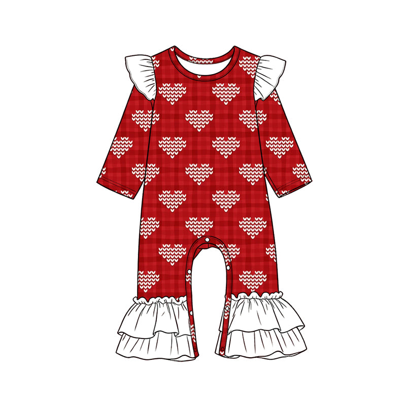 Preorder (moq 5) Baby Girls Hearts Checked Valentines Ruffle Pant Rompers