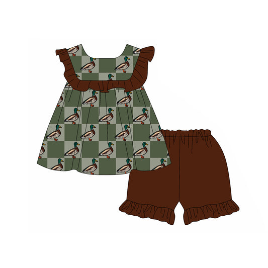 Preorder (moq 5)Baby Girls Checkered Ducks Tunic Top Shorts Clothes Sets