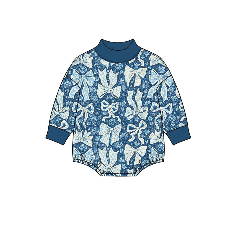 Preorder (moq 5) Baby Girl Clothes Blue Bow Floral Print Long Sleeve Mock Neck Baby Bodysuit