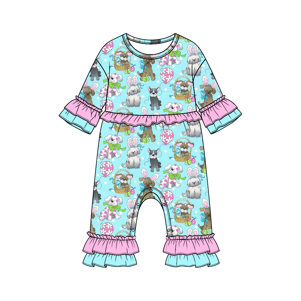Preorder moq 5  Girls’ Easter Bunny & Puppy Romper, Colorful Rabbit, Puppy & Balloon Print, Ruffle-Trim One-Piece Spring Holiday Outfit