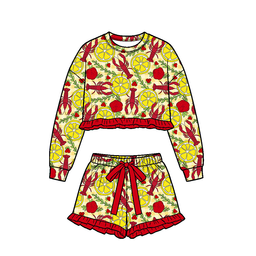 Preorder (moq 5) Girls Crawfish Lobster Seafood Checkered Print Long Sleeve Crop Top Ruffle Shorts Boutique Outfits Clothes Sets