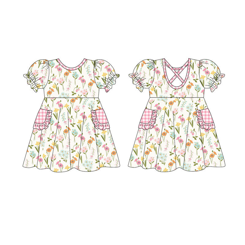 Preorder(moq 5) Baby Girls Short Ruffle Sleeve Floral Pockets Knee Length Dresses