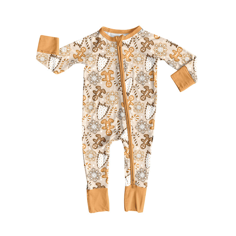 Preorder moq 5 Baby Infant Girls Long Sleeves Yellow Gingerbread Trees Zipper Rompers