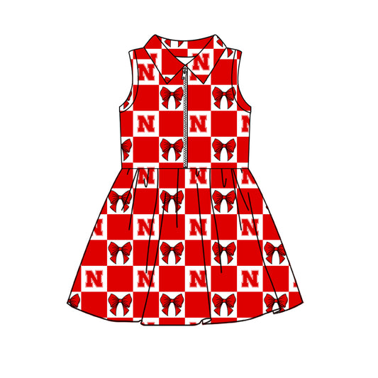 Preorder (moq 5) Baby Girls Sleeveless Bows Nebraska Checked Team Zip Knee Length Dress