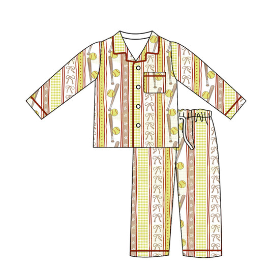 Preorder (moq 5)Baby Girls Bows Softballs Stripe Button Pocket Top Pant Team Pajamas Sets