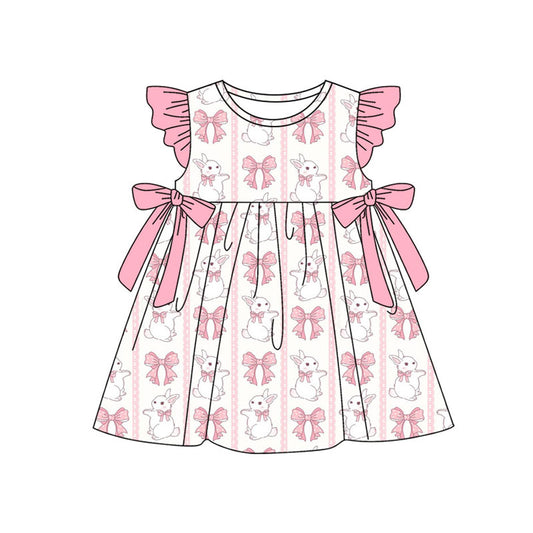 Preorder(moq 5) Baby Girls Pink Flutter Sleeve Bows Rabbits Stripe Easter Knee Length Dresses