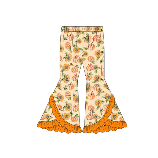 Preorder (moq 5)Baby Girls Flowers Pumpkins Fall Double Ruffle Bell Bottom Pants