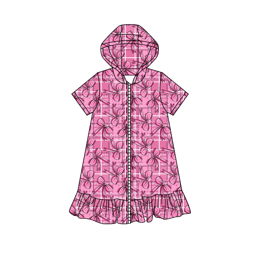 Preorder moq 5 Baby Girls Short Sleeve Pink Bows Checked Fall Zip Ruffle Knee Length Dresses