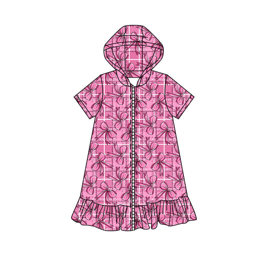 Preorder moq 5 Baby Girls Short Sleeve Pink Bows Checked Fall Zip Ruffle Knee Length Dresses