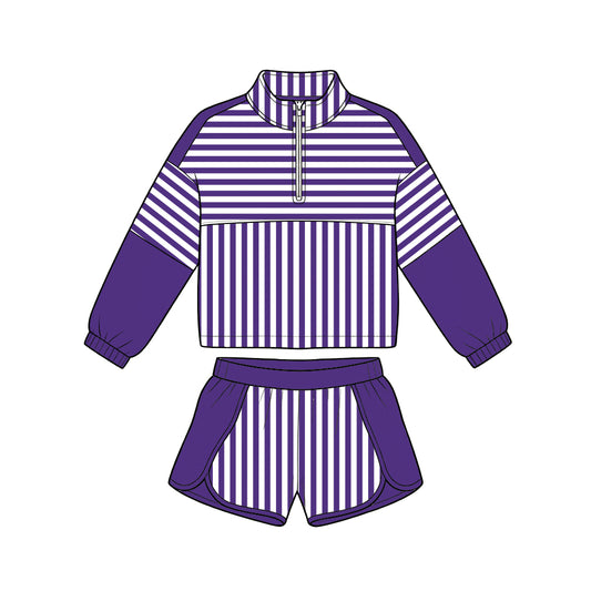 Preorder (moq 5)Baby Girls Long Sleeve Purple Stripe Zip Pullovers Short Clothes Set