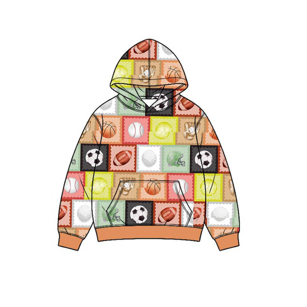 Preorder (moq 5) Baby Boy Clothes Multi Sport Ball Patchwork Mixed Print Long Sleeve Hoodie