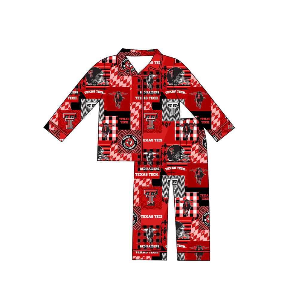 Preorder moq 5 Baby Boys Texas Tech Team Buttons Red Grey Top Pants Pajamas Clothes Sets