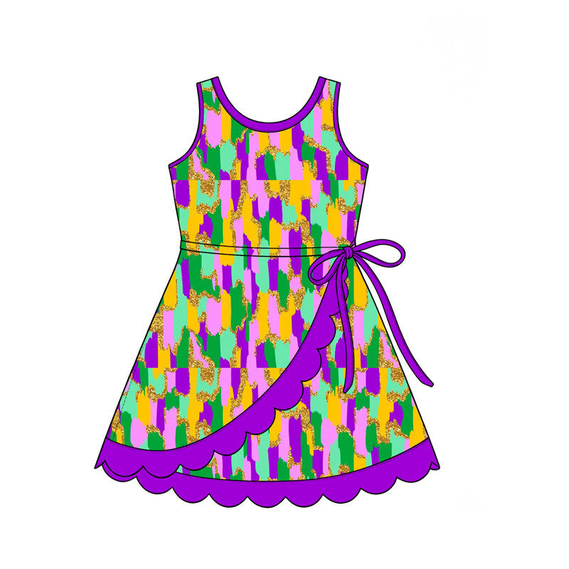 Preorder (moq 5) Girls’ Purple & Gold Sleeveless Round-Neck Ruffle Dress | Festive Kids’ Party Dress Set