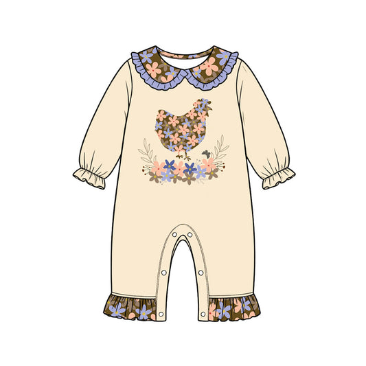 Preorder (moq 5) Baby Girl Clothes Floral Chicken Graphic Print Long Sleeve Ruffle Romper