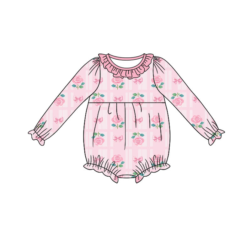 Preorder (moq 5) Baby Girl Clothes Rose Bow Plaid Print Long Sleeve Ruffle Neck Bubble Romper