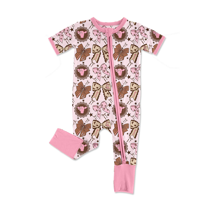 Preorder (moq 5)Baby Girls Pink Bows Highland Cows Western Two Way Zip Convertible Rompers