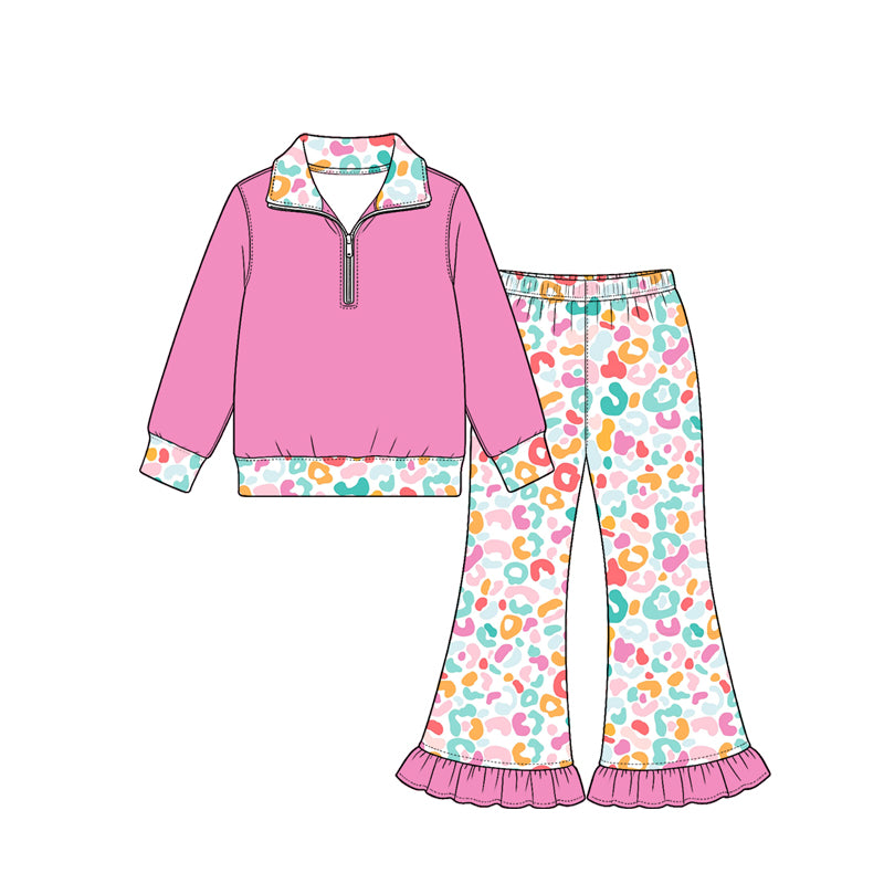 Preorder (moq 5) Baby Girl Clothes Bright Pink Leopard Print Long Sleeve Half Zip Top Ruffle Flare Pant Set