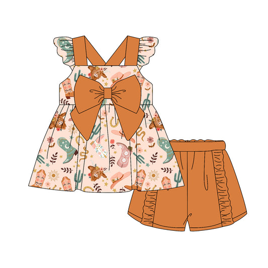 Preorder (moq 5)Baby Girls Pink Flutter Sleeves Highland Cows Boots Tunic Ruffle Short Set