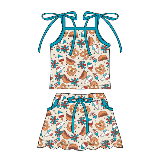 Preorder moq 5 Baby Girls Strap Popsicle Coolies Top Pockets Scallop Skirt Short 4th of July Clothes Sets