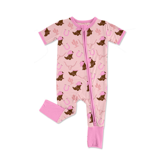 Preorder (moq 5)Baby Girls Hat Boots Bull Skulls Western Two Way Zip Convertible Rompers