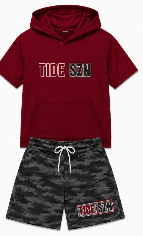 Preorder (moq 5) Baby Boys Maroon Tide SZN Hoodie Camo Short Team Clothes Sets