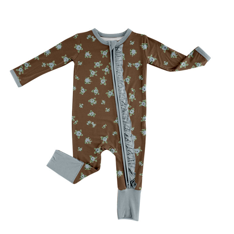Preorder (moq 5) Baby Girl Clothes Dark Brown Small Floral Allover Print Long Sleeve Zip Ruffle Romper