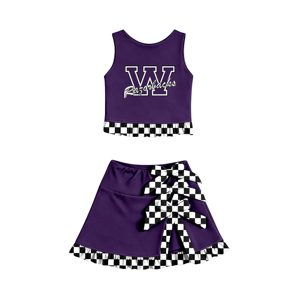 Preorder (moq 5)Baby Girls Purple Walhalla Vest Bows Short Skirt Short Team Yoga Active Clothes Set