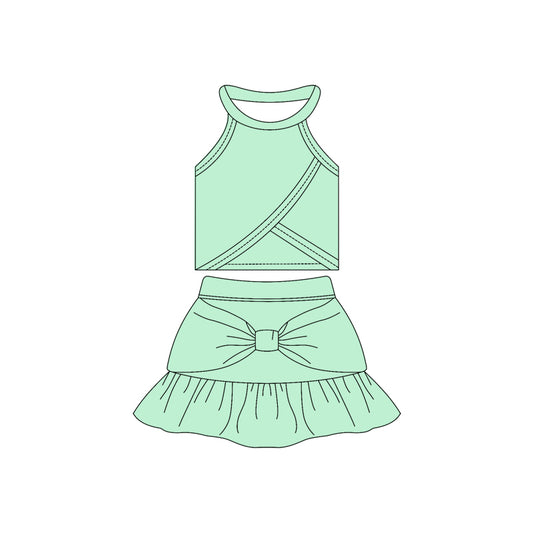 Preorder moq 10 Baby Girls Aqua Sleeveless Vest Top Bow Ruffle Short Skirts Activity Wear Yoga Set
