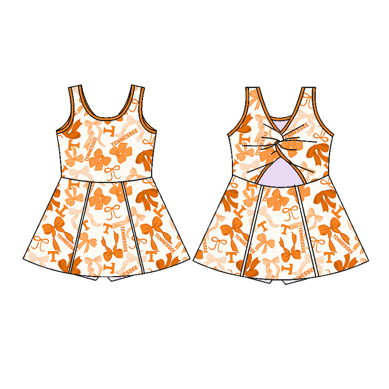 Preorder (moq 5)Baby Girls Orange Sleeveless Bows Plaid Tennessee Short Team Knee Length Dresses